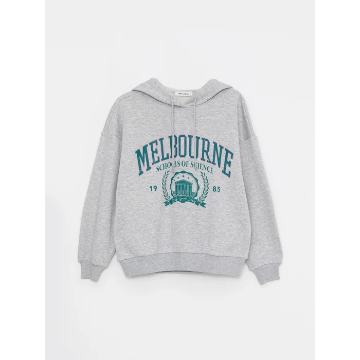 LCW Vision Gri Kapüşonlu Baskılı Uzun Kollu Kadın Sweatshirt