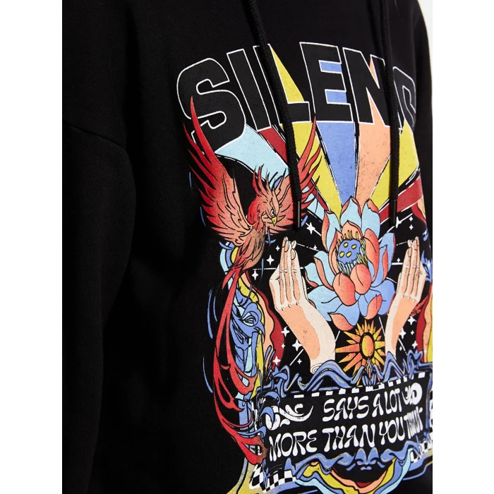 XSIDE Siyah Baskılı Kadın Kalın Hoodie