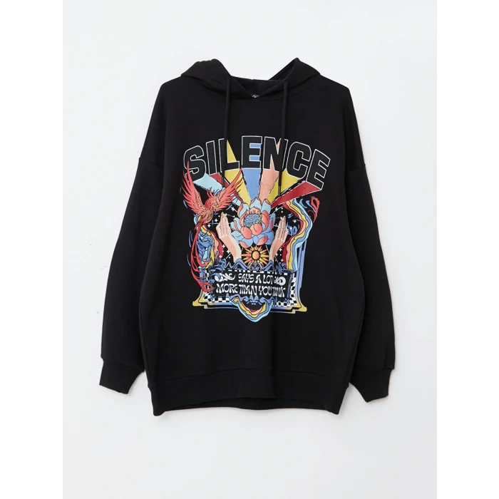 XSIDE Siyah Baskılı Kadın Kalın Hoodie