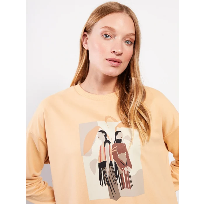 LCWAIKIKI Basic Turuncu Bisiklet Yaka Baskılı Uzun Kollu Oversize Kadın Sweatshirt