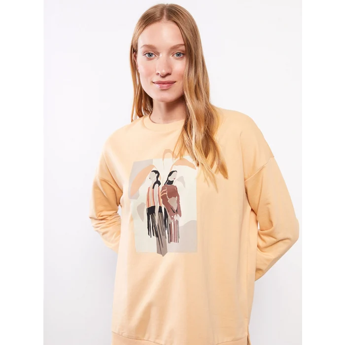 LCWAIKIKI Basic Turuncu Bisiklet Yaka Baskılı Uzun Kollu Oversize Kadın Sweatshirt