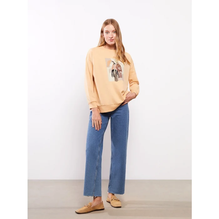 LCWAIKIKI Basic Turuncu Bisiklet Yaka Baskılı Uzun Kollu Oversize Kadın Sweatshirt