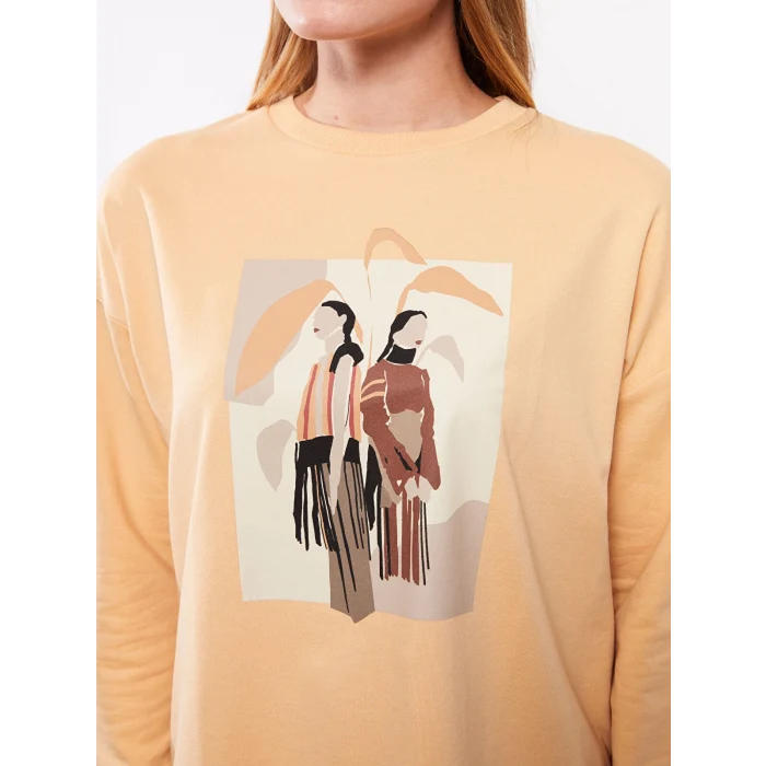 LCWAIKIKI Basic Turuncu Bisiklet Yaka Baskılı Uzun Kollu Oversize Kadın Sweatshirt