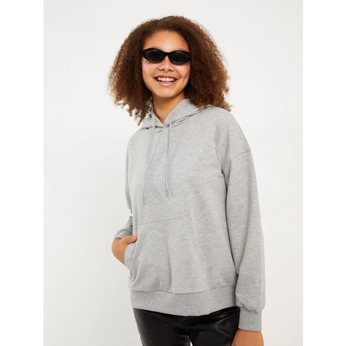 LCW Vision Gri Kapüşonlu Düz Uzun Kollu Kadın Sweatshirt