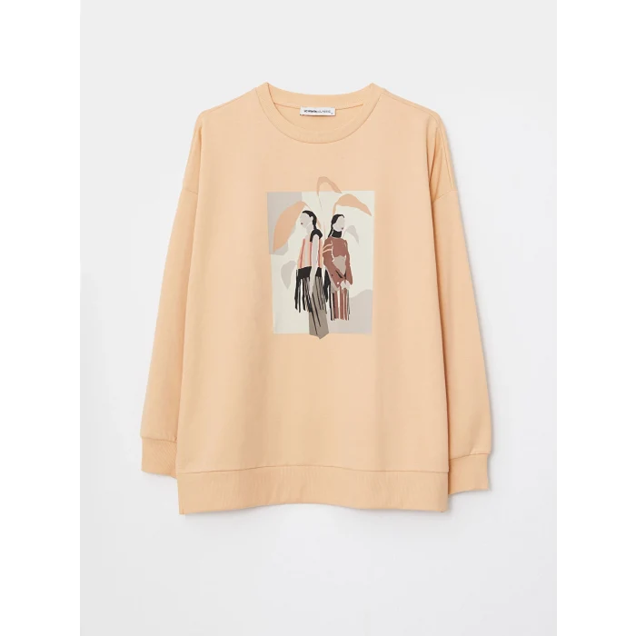 LCWAIKIKI Basic Turuncu Bisiklet Yaka Baskılı Uzun Kollu Oversize Kadın Sweatshirt