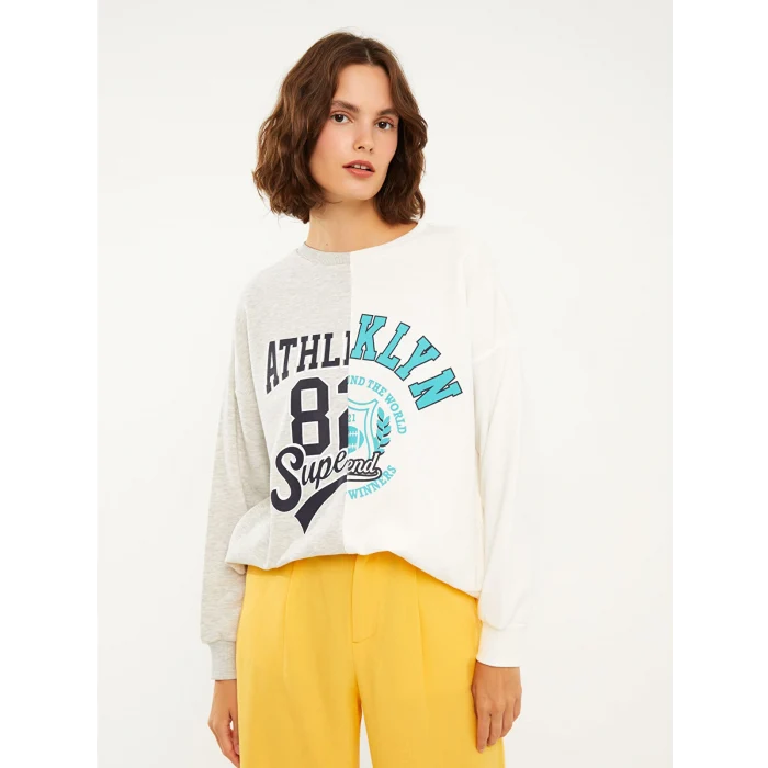 LCW Vision Gri Bisiklet Yaka Renk Bloklu Uzun Kollu Kadın Sweatshirt