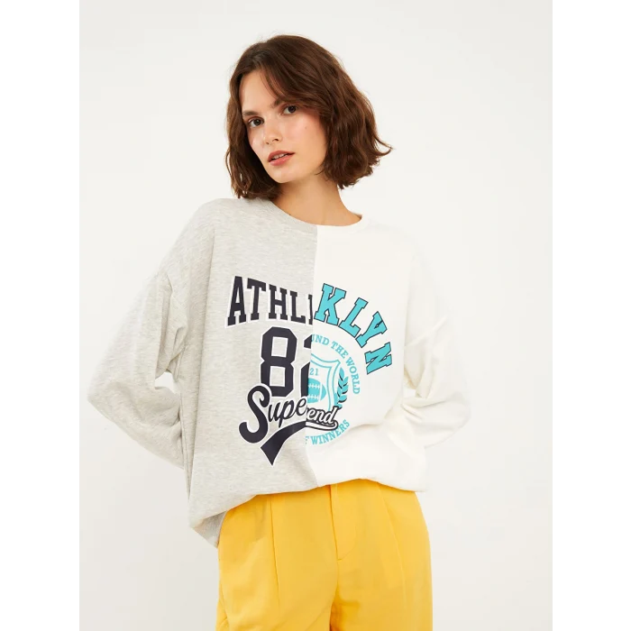 LCW Vision Gri Bisiklet Yaka Renk Bloklu Uzun Kollu Kadın Sweatshirt