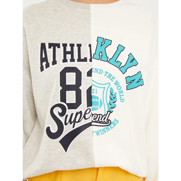 LCW Vision Gri Bisiklet Yaka Renk Bloklu Uzun Kollu Kadın Sweatshirt