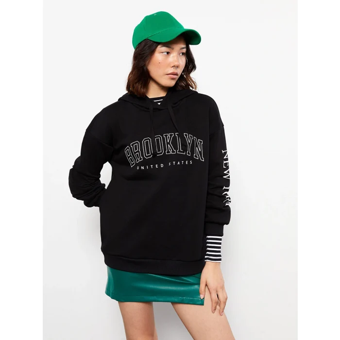 LCW Vision Siyah Baskılı Kadın Kalın Hoodie