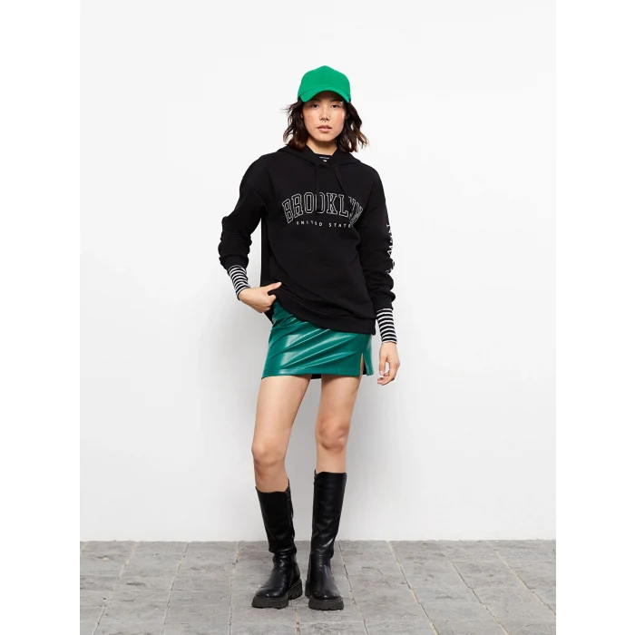 LCW Vision Siyah Baskılı Kadın Kalın Hoodie