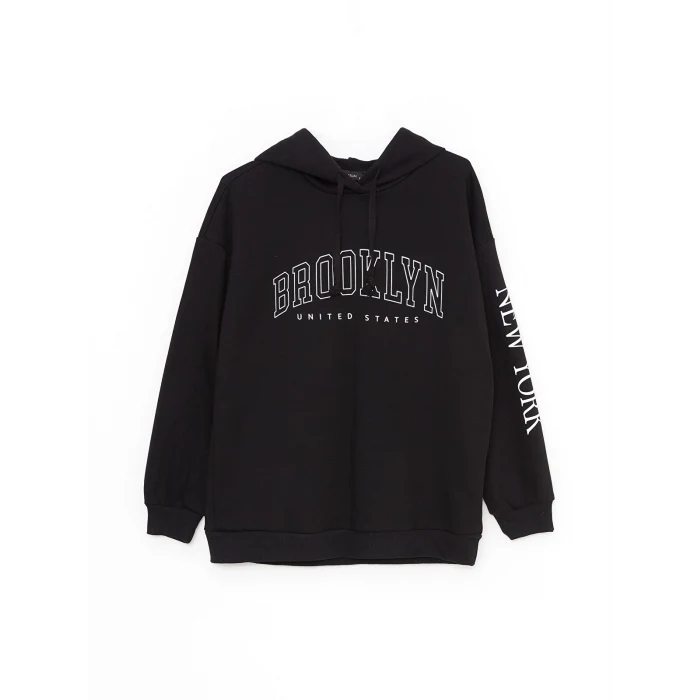 LCW Vision Siyah Baskılı Kadın Kalın Hoodie