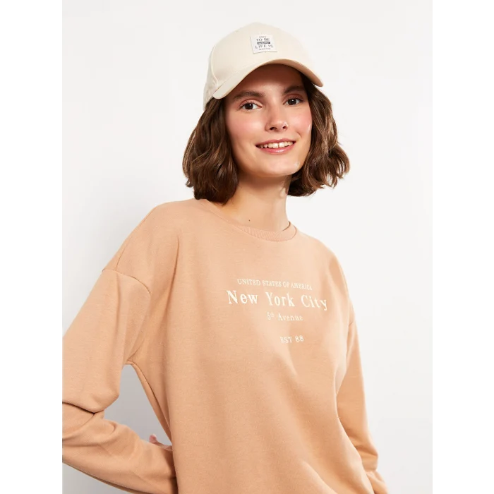 LCW Vision Kahverengi Bisiklet Yaka Baskılı Uzun Kollu Kadın Sweatshirt