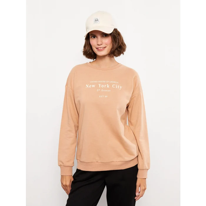 LCW Vision Kahverengi Bisiklet Yaka Baskılı Uzun Kollu Kadın Sweatshirt