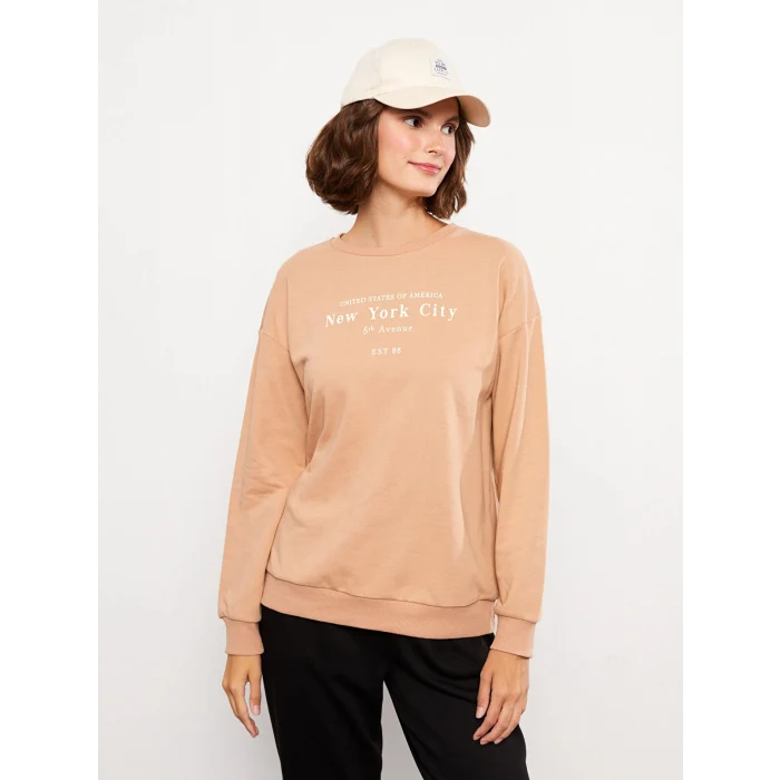 LCW Vision Kahverengi Bisiklet Yaka Baskılı Uzun Kollu Kadın Sweatshirt