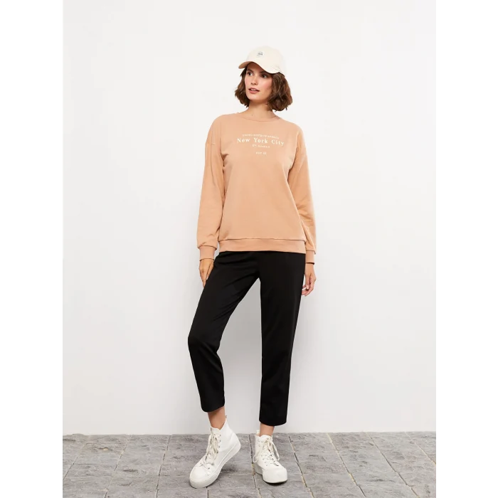 LCW Vision Kahverengi Bisiklet Yaka Baskılı Uzun Kollu Kadın Sweatshirt