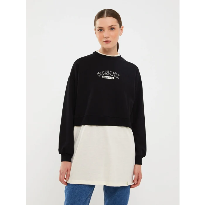 LCW Modest Siyah Bisiklet Yaka Baskılı Uzun Kollu Oversize Kadın Sweatshirt Tunik