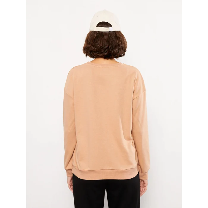 LCW Vision Kahverengi Bisiklet Yaka Baskılı Uzun Kollu Kadın Sweatshirt