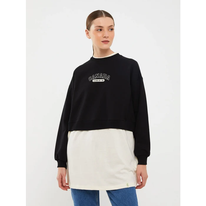 LCW Modest Siyah Bisiklet Yaka Baskılı Uzun Kollu Oversize Kadın Sweatshirt Tunik