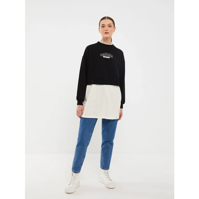 LCW Modest Siyah Bisiklet Yaka Baskılı Uzun Kollu Oversize Kadın Sweatshirt Tunik