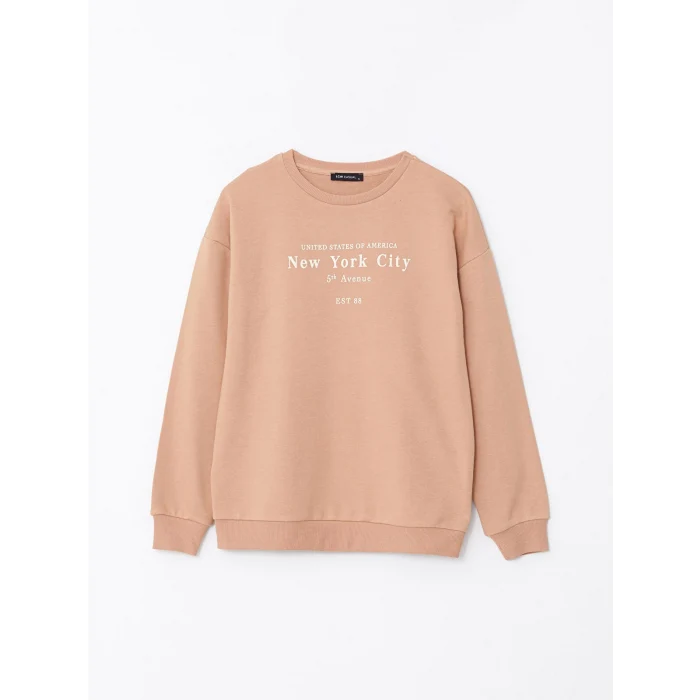 LCW Vision Kahverengi Bisiklet Yaka Baskılı Uzun Kollu Kadın Sweatshirt