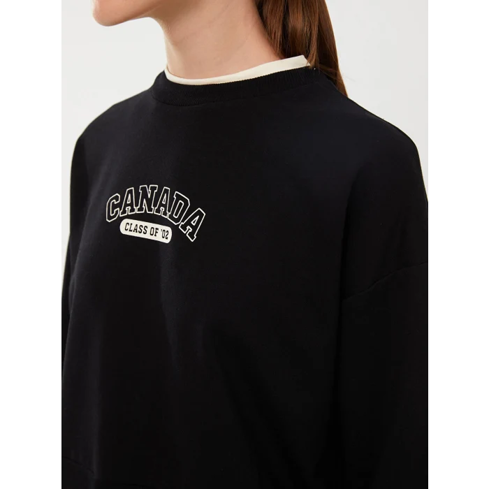 LCW Modest Siyah Bisiklet Yaka Baskılı Uzun Kollu Oversize Kadın Sweatshirt Tunik