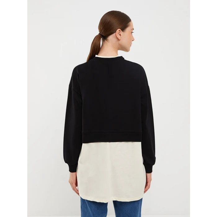 LCW Modest Siyah Bisiklet Yaka Baskılı Uzun Kollu Oversize Kadın Sweatshirt Tunik