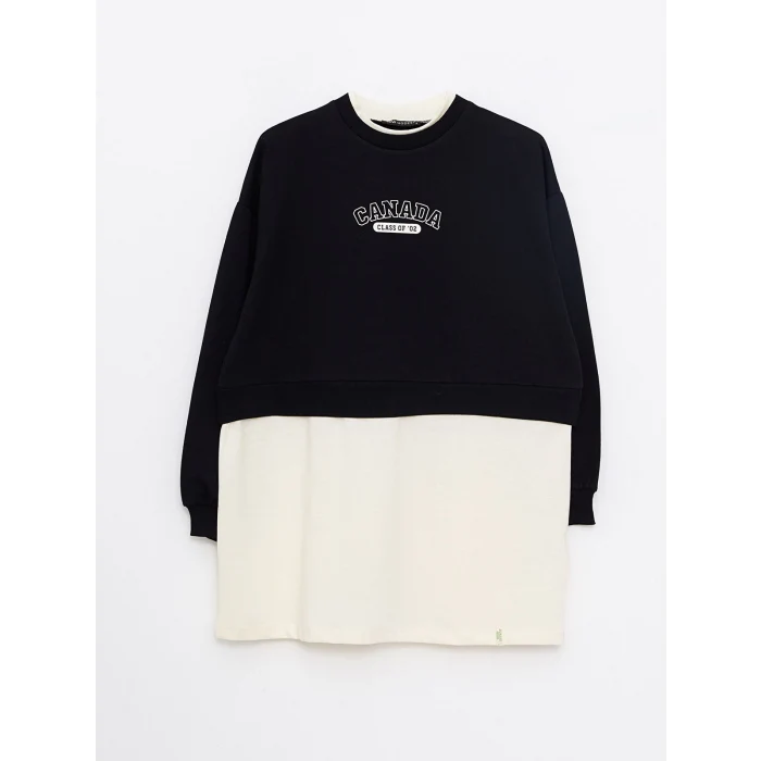 LCW Modest Siyah Bisiklet Yaka Baskılı Uzun Kollu Oversize Kadın Sweatshirt Tunik