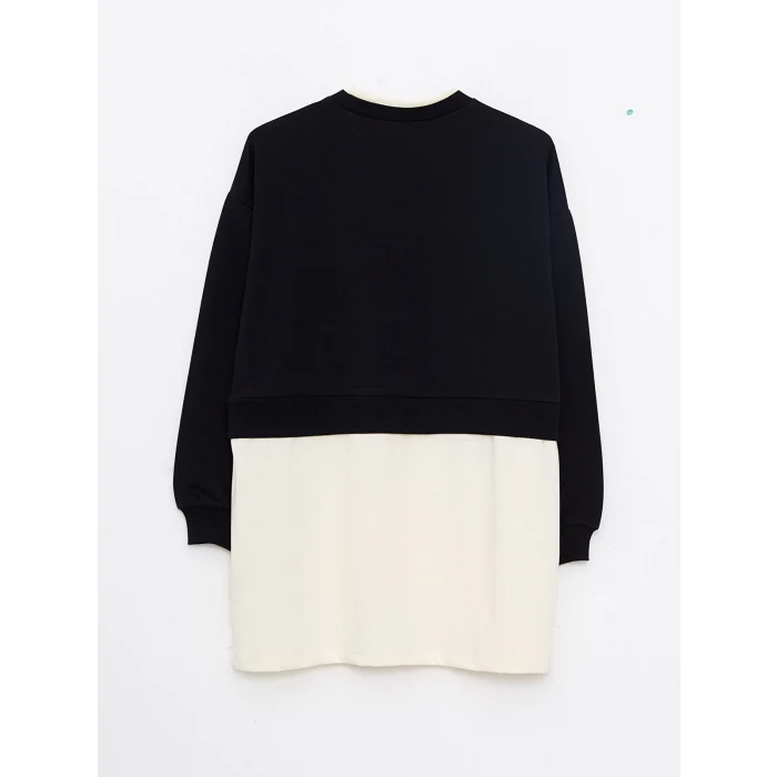 LCW Modest Siyah Bisiklet Yaka Baskılı Uzun Kollu Oversize Kadın Sweatshirt Tunik