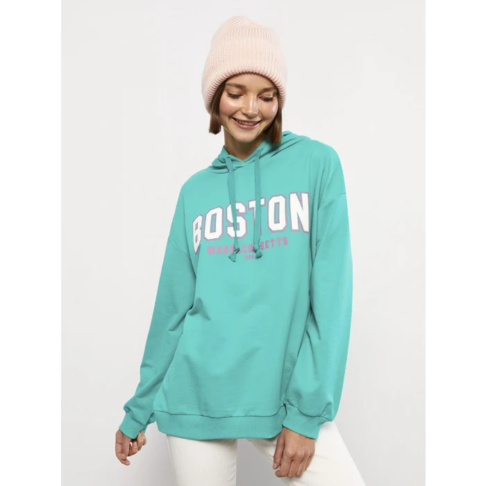 LCW Vision Yeşil Kapüşonlu Baskılı Uzun Kollu Kadın Sweatshirt