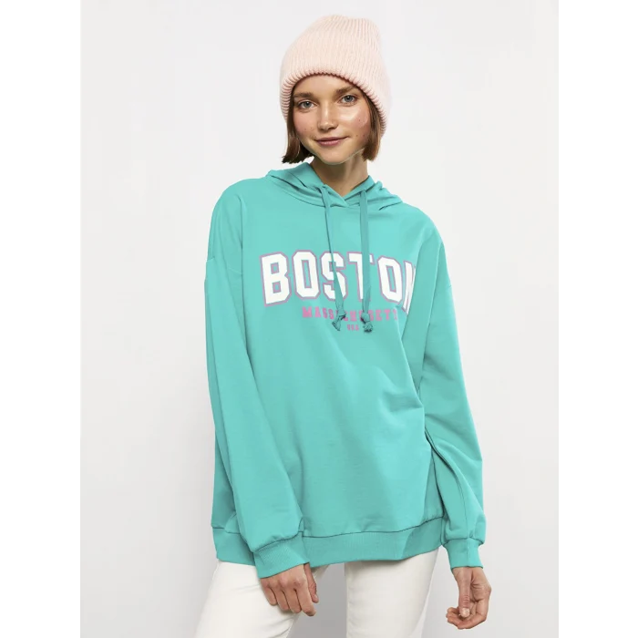 LCW Vision Yeşil Kapüşonlu Baskılı Uzun Kollu Kadın Sweatshirt