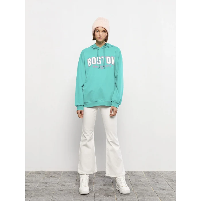 LCW Vision Yeşil Kapüşonlu Baskılı Uzun Kollu Kadın Sweatshirt