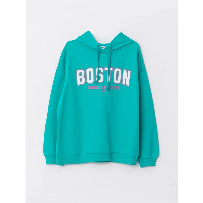 LCW Vision Yeşil Kapüşonlu Baskılı Uzun Kollu Kadın Sweatshirt