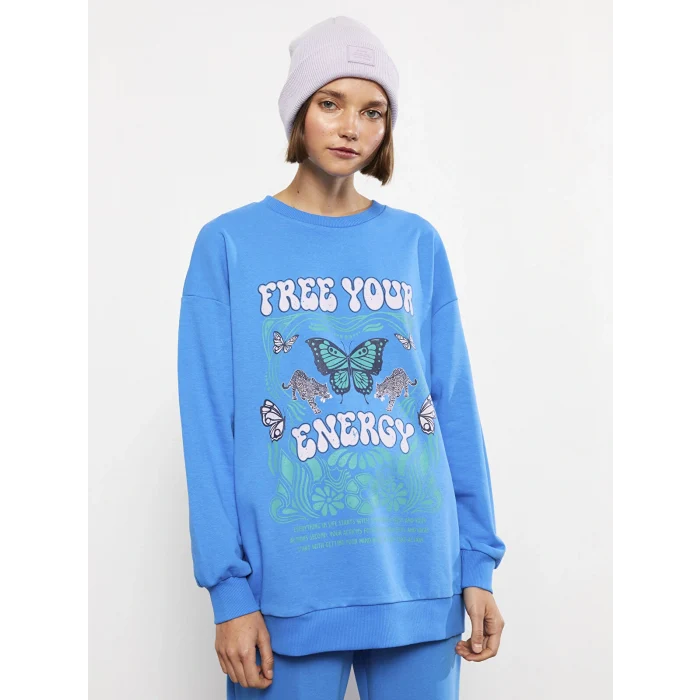 LCW Vision Mavi Bisiklet Yaka Baskılı Uzun Kollu Kadın Sweatshirt