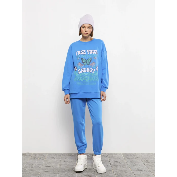 LCW Vision Mavi Bisiklet Yaka Baskılı Uzun Kollu Kadın Sweatshirt