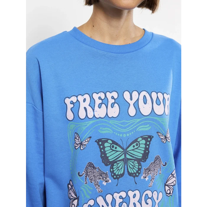 LCW Vision Mavi Bisiklet Yaka Baskılı Uzun Kollu Kadın Sweatshirt