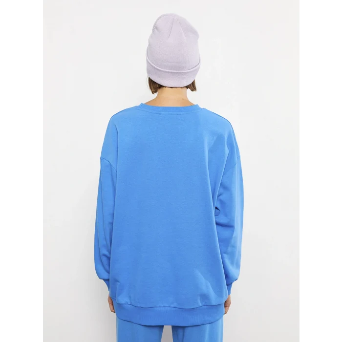 LCW Vision Mavi Bisiklet Yaka Baskılı Uzun Kollu Kadın Sweatshirt