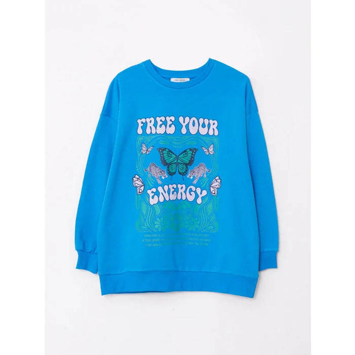 LCW Vision Mavi Bisiklet Yaka Baskılı Uzun Kollu Kadın Sweatshirt