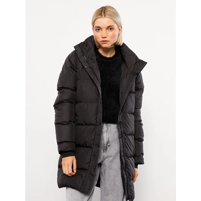 XSIDE Siyah Kadın Kapüşonlu Düz Şişme Mont