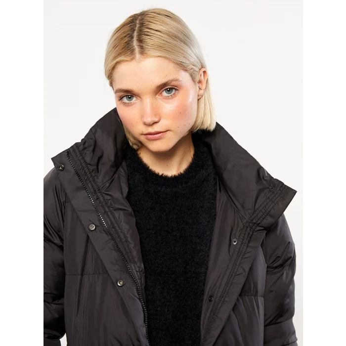 XSIDE Siyah Kadın Kapüşonlu Düz Şişme Mont