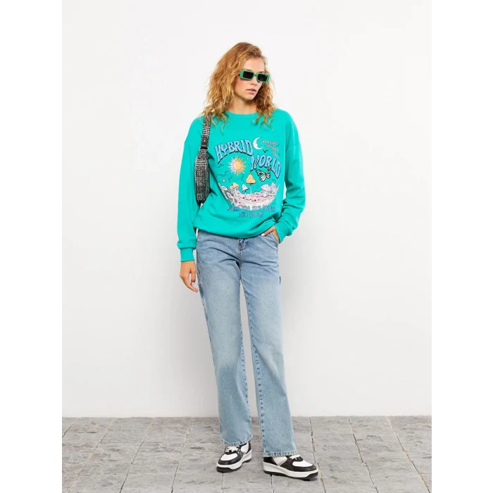 LCW Vision Yeşil Bisiklet Yaka Baskılı Uzun Kollu Kadın Sweatshirt