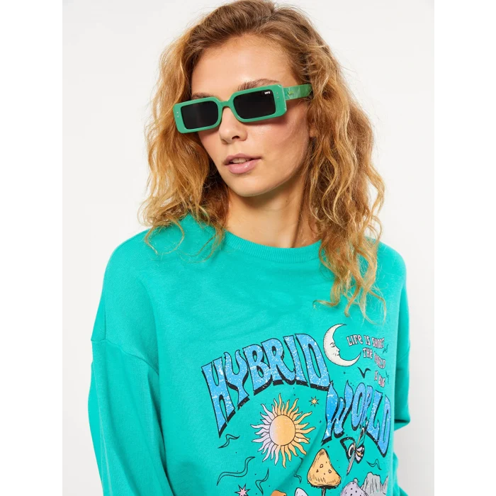 LCW Vision Yeşil Bisiklet Yaka Baskılı Uzun Kollu Kadın Sweatshirt