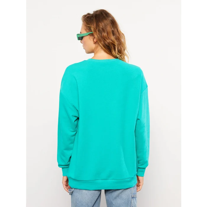 LCW Vision Yeşil Bisiklet Yaka Baskılı Uzun Kollu Kadın Sweatshirt