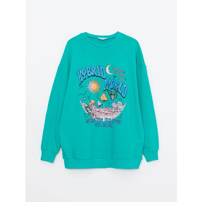 LCW Vision Yeşil Bisiklet Yaka Baskılı Uzun Kollu Kadın Sweatshirt