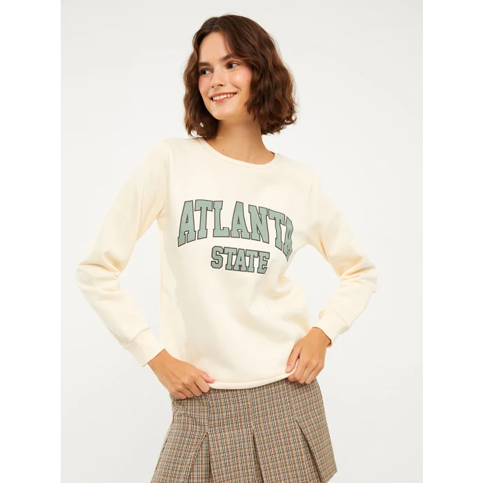 LCW Vision Bej Bisiklet Yaka Baskılı Kadın Kalın Sweatshirt