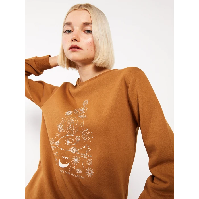 LCW Vision Kahverengi Bisiklet Yaka Baskılı Kadın Kalın Sweatshirt