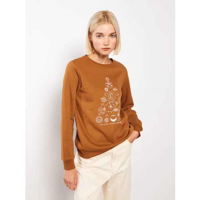 LCW Vision Kahverengi Bisiklet Yaka Baskılı Kadın Kalın Sweatshirt