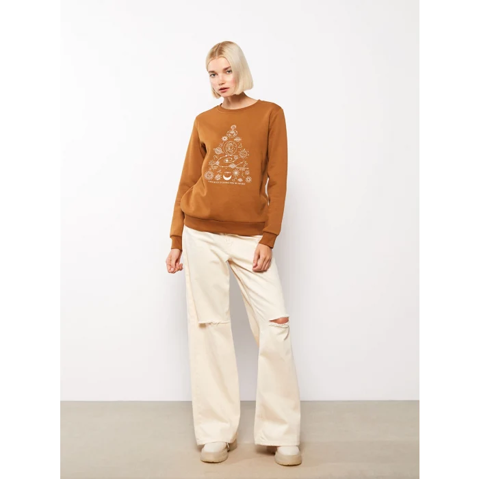 LCW Vision Kahverengi Bisiklet Yaka Baskılı Kadın Kalın Sweatshirt