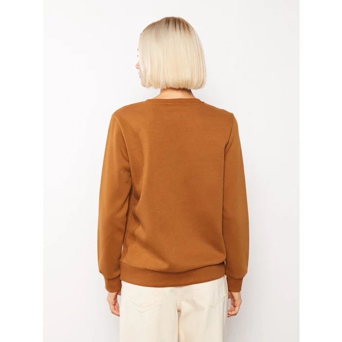 LCW Vision Kahverengi Bisiklet Yaka Baskılı Kadın Kalın Sweatshirt
