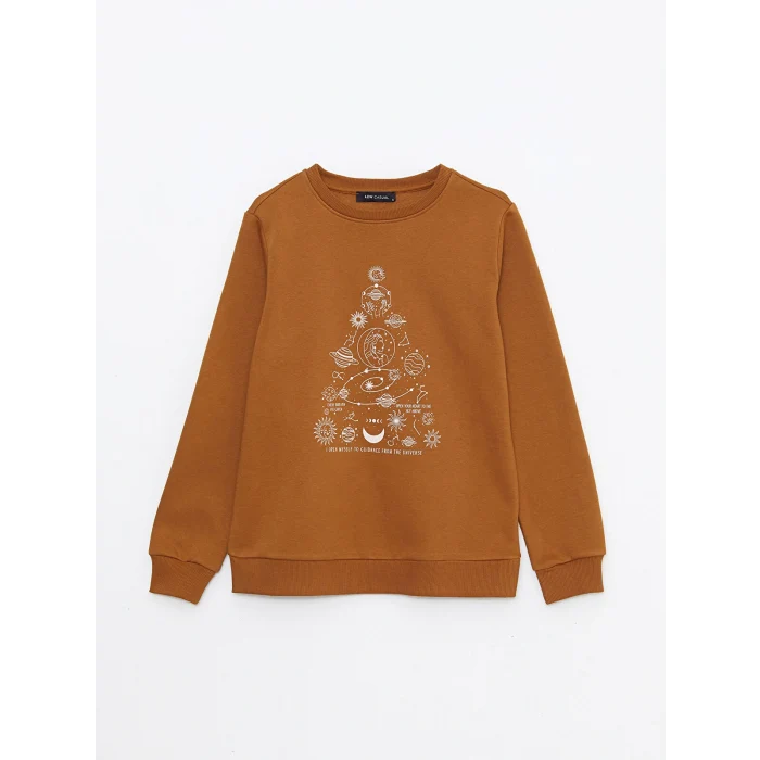 LCW Vision Kahverengi Bisiklet Yaka Baskılı Kadın Kalın Sweatshirt