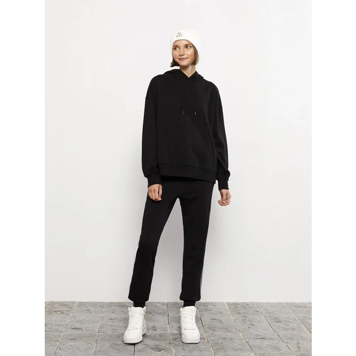 LCW Vision Siyah Kapüşonlu Düz Uzun Kollu Kadın Sweatshirt